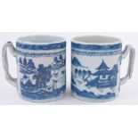 2 antique Chinese blue & white porcelain mugs, painted landscape scenes, with interwoven handles,