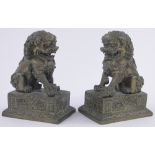 Pair of Chinese bronze dog of fo, on rectangular relief cast plinth bases, overall height 18cm,