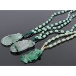 3 Modern Chinese carved jade pendants on jade bead necklaces, (3).