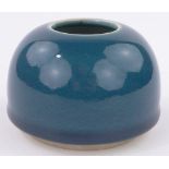 A Chinese blue glazed porcelain brush pot, 6 character mark under, diameter 10cm.