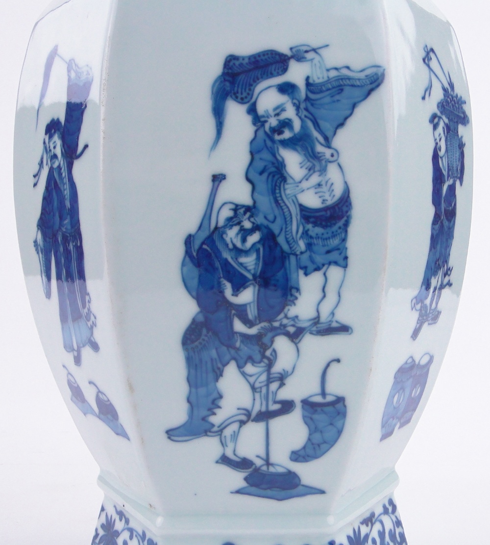 A Chinese blue and white porcelain vase of hexagonal form, with painted designs of figures and bats, - Image 5 of 6