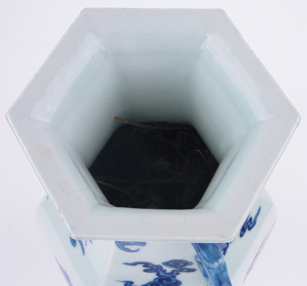 A Chinese blue and white porcelain vase of hexagonal form, with painted designs of figures and bats, - Image 4 of 6