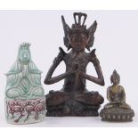 3 Oriental deities, including a bronze seated figure, height 13cm, (3).