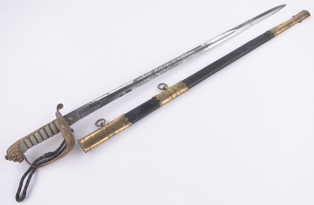 A Victorian Navy Officer's dress sword, etched blade signed Rob Hole & Sons, Birmingham, serial no. - Image 3 of 6