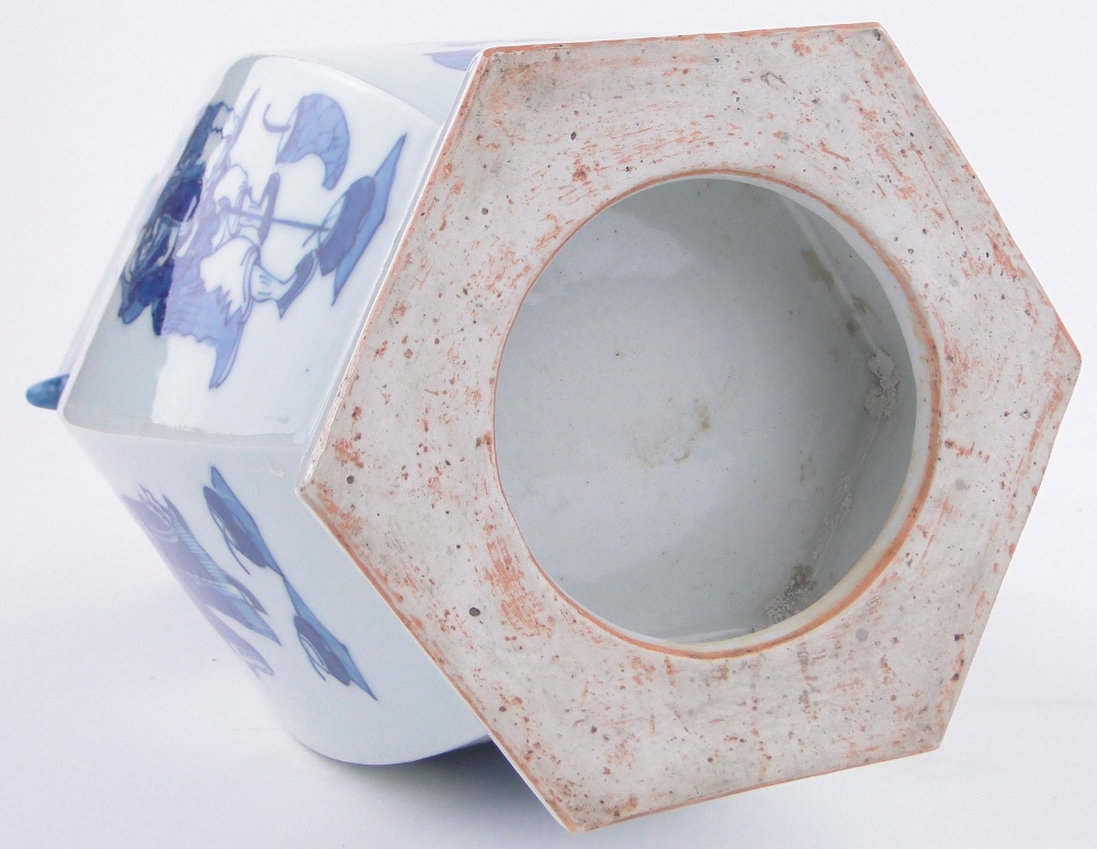 A Chinese blue and white porcelain vase of hexagonal form, with painted designs of figures and bats, - Image 6 of 6