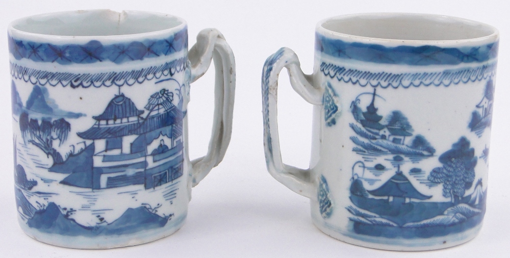 2 antique Chinese blue & white porcelain mugs, painted landscape scenes, with interwoven handles, - Image 2 of 3