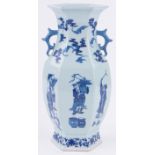 A Chinese blue and white porcelain vase of hexagonal form, with painted designs of figures and bats,