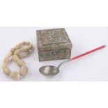 A Chinese Paktong spoon with impressed marks, a string or horn beads and a champleve enamel box,