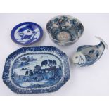 Group of Oriental porcelain, including 18th century blue and white meat plate, length 37cm, (4).