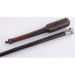 A Victorian turned hardwood priest, length 30cm and a silver topped walking cane, (2).