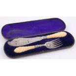 Pair of Victorian plated and engraved fish servers, with carved ivory handles by Mappin & Webb,