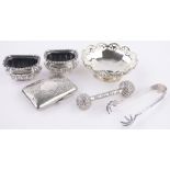 A group of silver items, including pair of salts, baby's rattle, pierced dish, etc., (6).