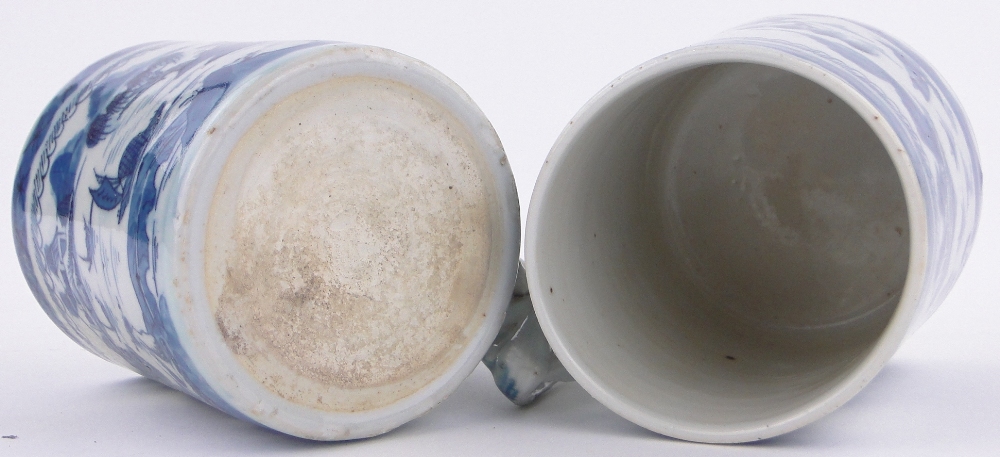 2 antique Chinese blue & white porcelain mugs, painted landscape scenes, with interwoven handles, - Image 3 of 3