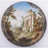 A large porcelain wall plaque, with hand painted scene depicting Roman ruins, signed G Reigner,