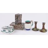 A group of English ceramics, including pair of Rye Hopware candlesticks, height 12cm,