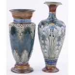 2 Royal Doulton coloured glazed Stoneware vases, with relief scroll decoration, largest height 26cm,