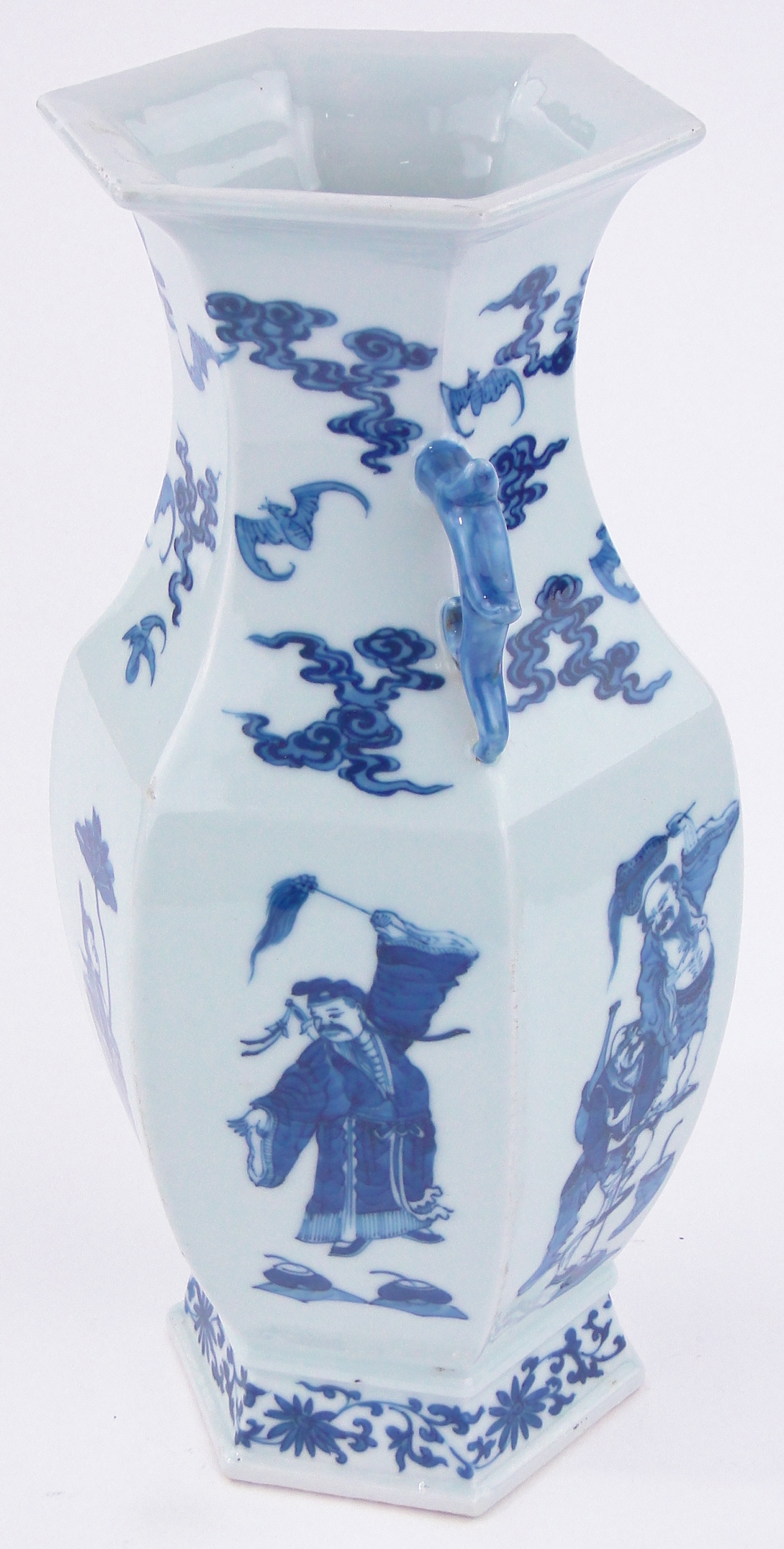 A Chinese blue and white porcelain vase of hexagonal form, with painted designs of figures and bats, - Image 3 of 6