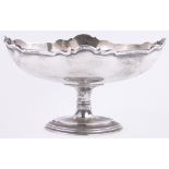 An oval silver table centre fruit bowl on oval foot, with shaped rim, indistinct makers marks,