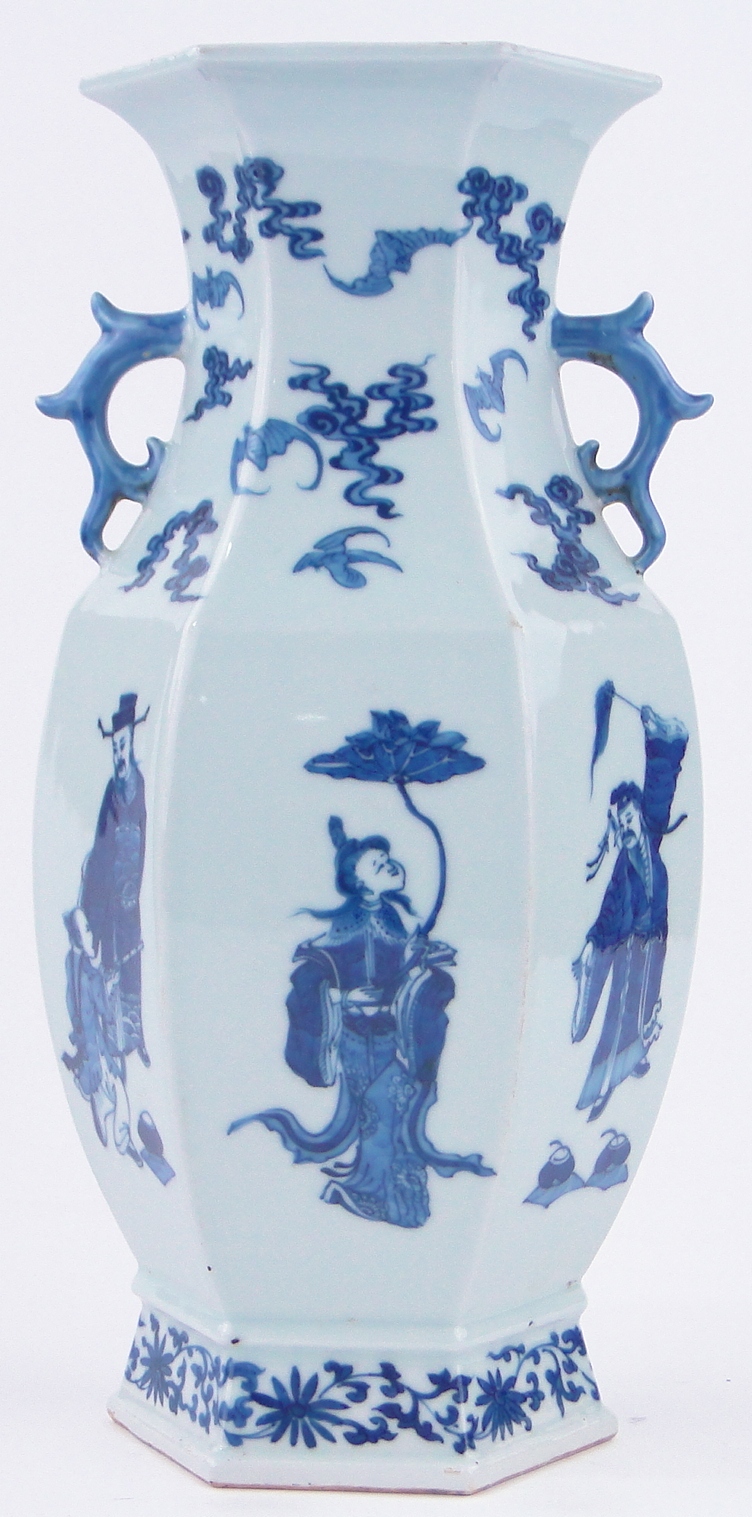 A Chinese blue and white porcelain vase of hexagonal form, with painted designs of figures and bats, - Image 2 of 6