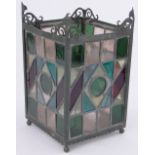 A coloured stained glass lead light lantern light shade, in brass frame, height 35cm, width 21cm.