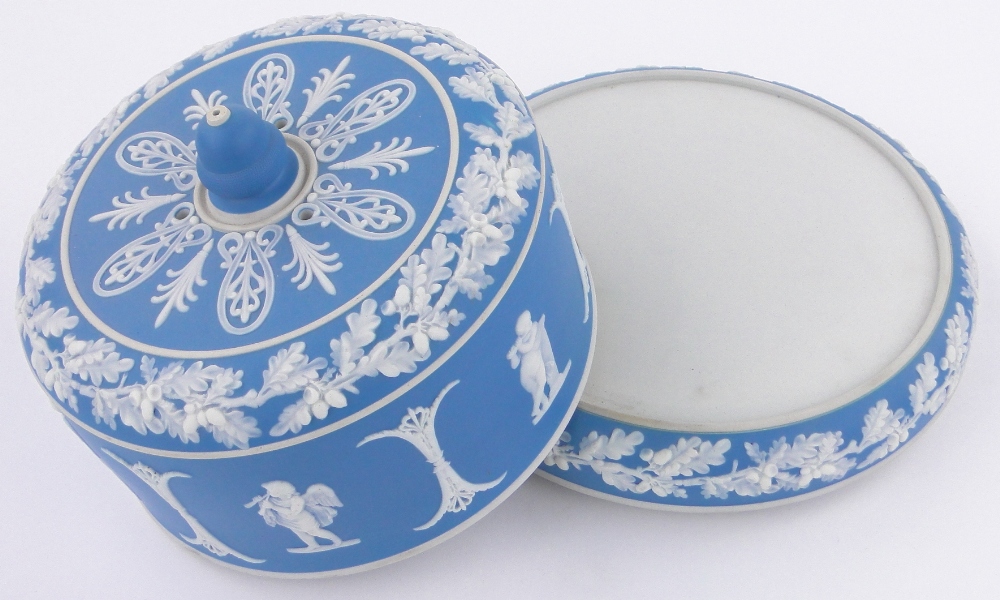 A Wedgwood blue and white Jasper cheese dish and cover, with relief classical designs, - Image 2 of 3