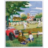 A modern hand painted tube-lined ceramic wall plaque depicting a village cricket match, 41cm x 33cm.
