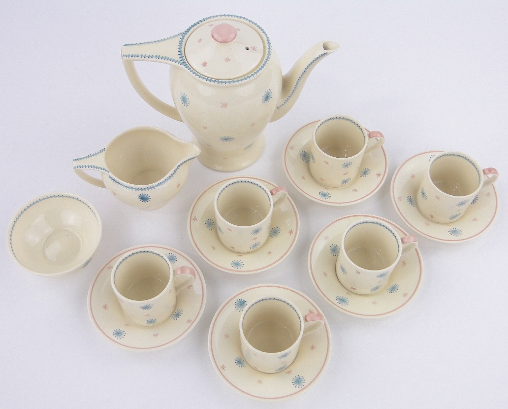 A Susie Cooper coffee service for 6-people, with painted blue and pink star designs, - Image 2 of 4