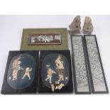 A group of Oriental items, including Shibyama ivory and mother of pearl plaque,
