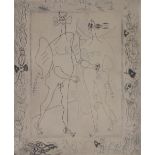 Mid 20th century drypoint etching, surrealist Greek classical figures, unsigned, e 14.5" x 11.