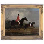 Early 19th century English School, oil on canvas, portrait of a huntsman and young boy on horseback,