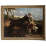 Henry Bright (1810-1873), oil on canvas, girl with a donkey and lamb in open landscape,