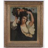 19th century oil on canvas, woman carrying a basket of fruit, unsigned, 25" x 20", framed.