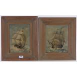Pair of 18th century oils on wood panels, shipping off the coast, unsigned, 10" x 7.5", framed.