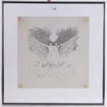 ...Black, engraving, New Age figures, signed in pencil, dated '74 no. 235/150, s 17" x 17", framed.