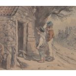 Attributed to Henri Monnier (1799-1877), ink/watercolour, children outside an old shed,