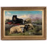 George William Horlor (1823-1895), oil on canvas, sheep dog and rams resting on a hilltop, signed,