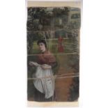 19th century oil on canvas for restoration, woman reading a letter in castle gardens,