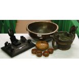 Antique turned wood bowl, carved wood napkin rings, Scandinavian bowl and a box .