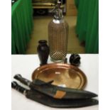 A soda syphon, Japanese bronze vase, Kukri knives and a Masonic tray.