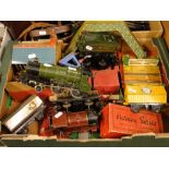 A box of Vintage model railway items, including Hornby tinplate station buildings,