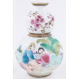 A Chinese porcelain double gourd vase, painted erotic design and text, height 12cm.