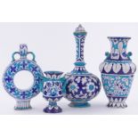 4 Indian turquoise and blue painted pottery vases, including a narrow necked vase and cover,