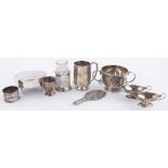 A group of silver items, including oval jewel box, Christening mug, pair of salts, etc.