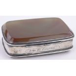 A George III Scottish silver and agate snuff box, with inset banded agate top and moss agate bottom,