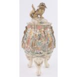 A Japanese Satsuma porcelain pot and cover, with painted figures surmounted by a gilded dragon,