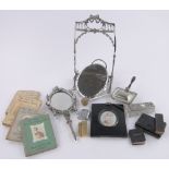 A collection of various items, including silver plated gong on stand,