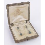 Pair of Asprey's aquamarine and seed pearl drop earrings, circa 1900-1920, unmarked gold settings,
