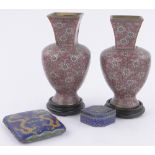 Pair of Chinese Cloisonne enamel pink ground vases, height 18cm and 2 other Cloisonne enamel boxes,