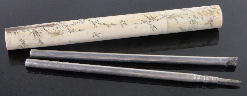 An Asprey's silver dip pen and pencil, and a Chinese cylindrical ivory pen case circa 1900,