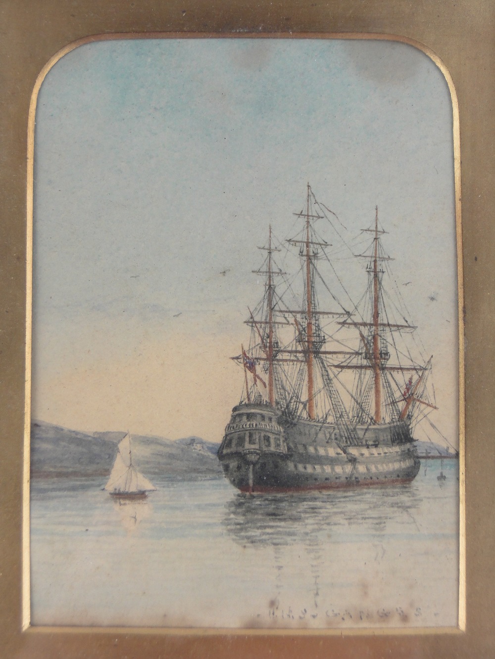 A 19th century watercolour, study of the Warship HMS Ganges on the coast, unsigned, - Image 2 of 3